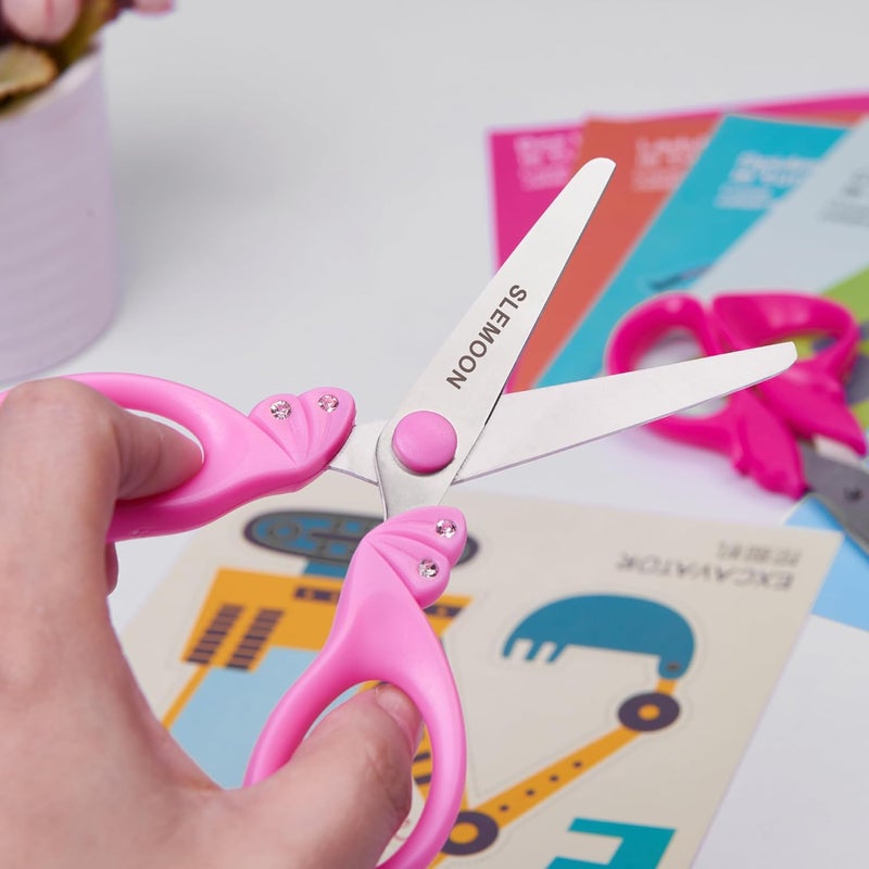 SLEMOON Scissors for Kids Ages 4-8 | Blunt Tip Safety Toddler Scissors, Stainless Steel Blades, ABS Plastic | School Craft Supplies, Art Projects, Pink (Princess Design with Rhinestones) - Image 5